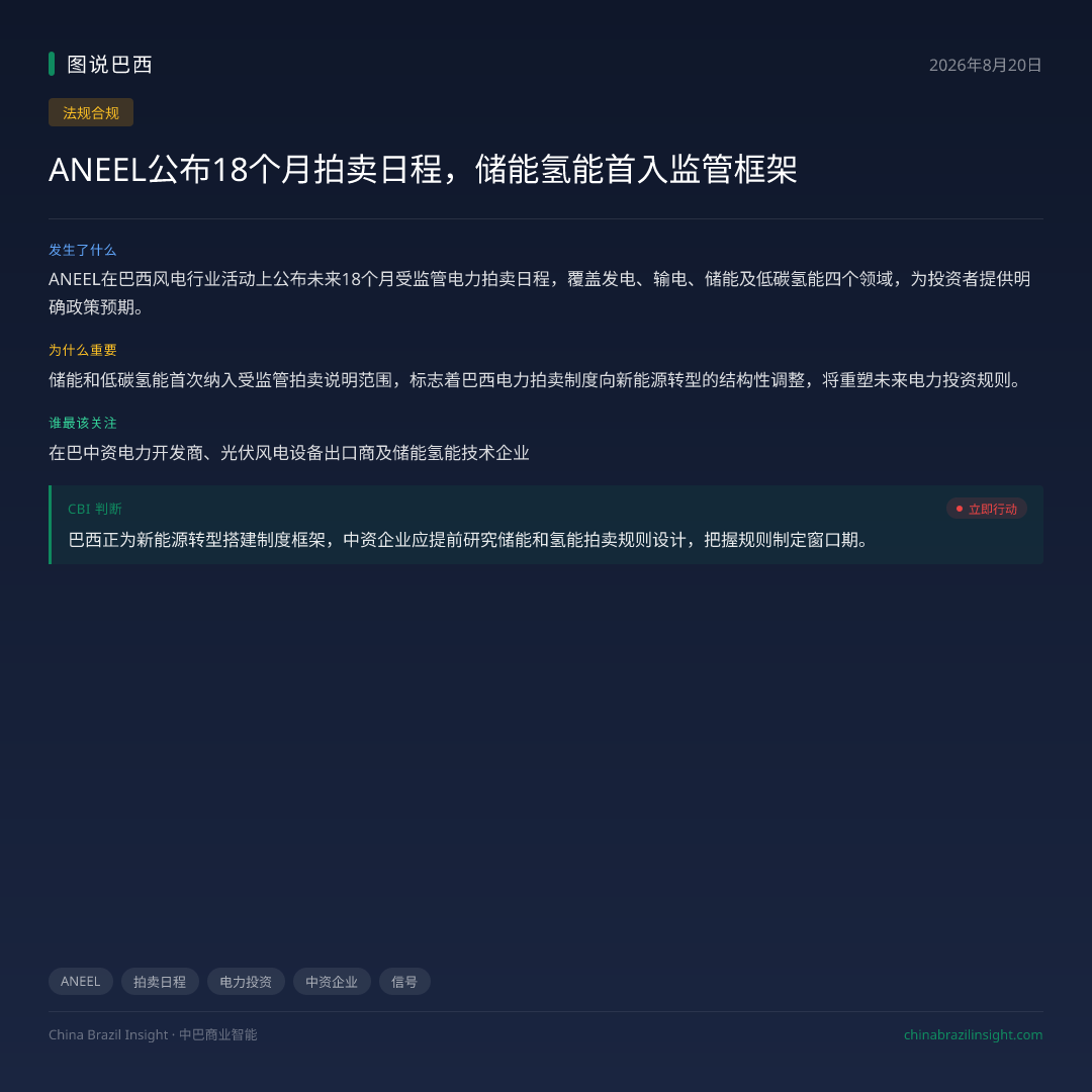 ANEEL公布18个月拍卖日程，储能氢能首入监管框架