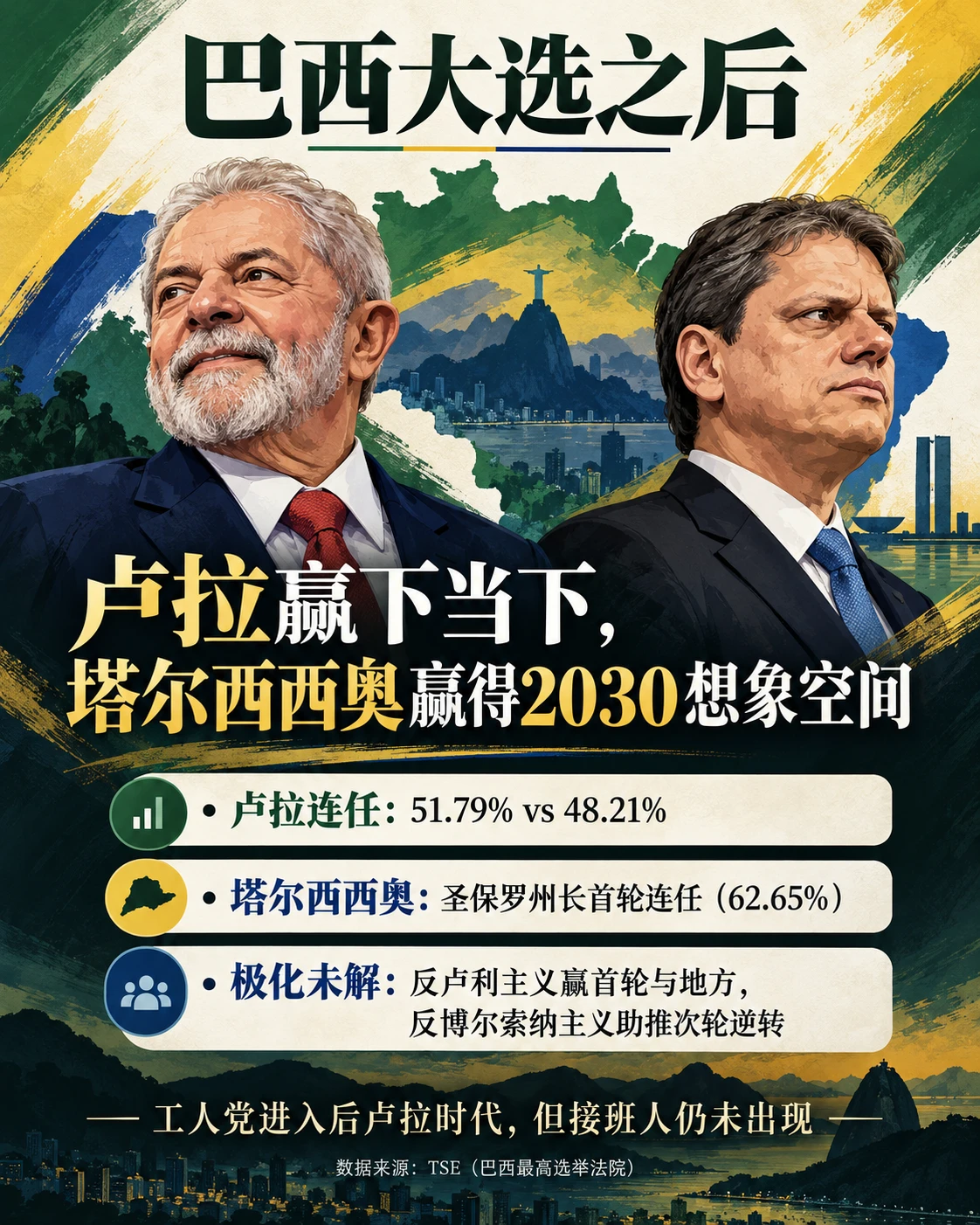 巴西大选之后:卢拉与塔尔西西奥(AI 生成插画,人物为示意)