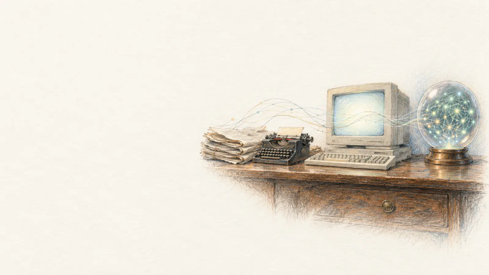 AI 生成示意图,非真实照片。彩铅插画:书桌上从左到右是一摞旧报纸和打字机、一台老式台式电脑、一只装着光点网络的玻璃球,寓意新闻从纸媒到电脑再到 AI 时代
