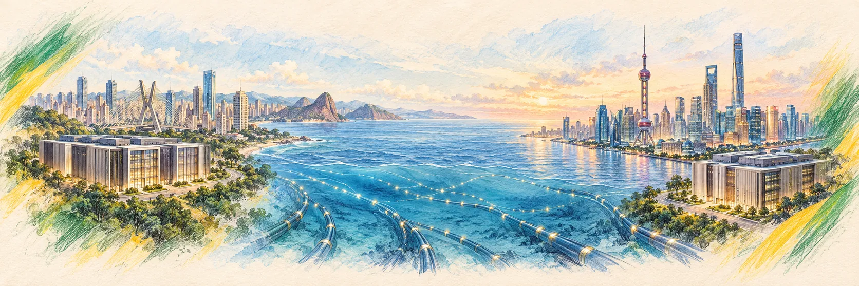 Ilustração gerada por IA, não é foto real. Desenho a lápis de cor: à esquerda uma cidade brasileira e um data center, no centro um cabo submarino atravessando o Atlântico, à direita o horizonte de Xangai e outro data center