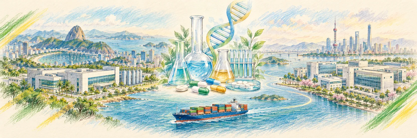 Ilustração gerada por IA, não é foto real. Desenho a lápis de cor: à esquerda uma cidade brasileira e uma fábrica farmacêutica, no centro frascos de laboratório, comprimidos e um navio cruzando o oceano, à direita um polo farmacêutico na China